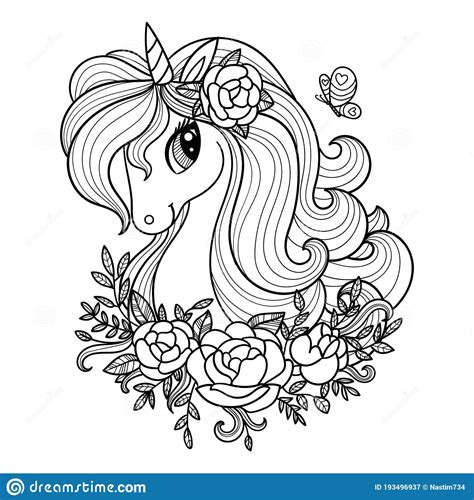 Unicorn With Flowers Black White Linear Drawing Vector Illustration