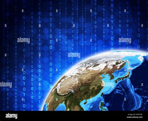 Glowing Figures And Earth Hi Tech Background Stock Photo Alamy