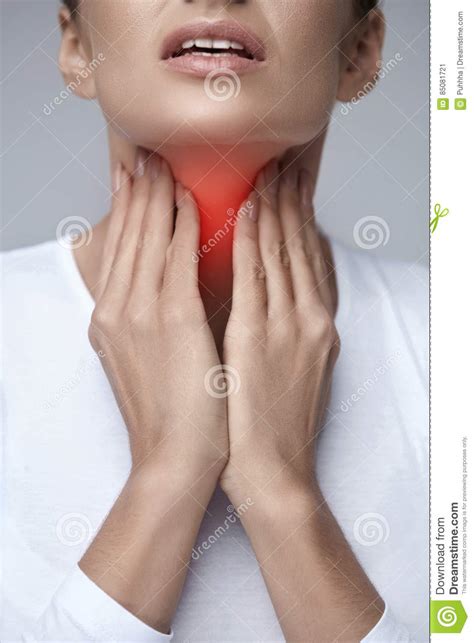 Sore Throat Closeup Beautiful Woman Hands And Neck Throat Pain