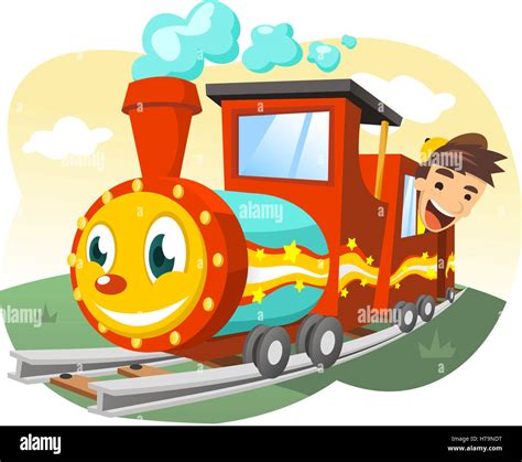 Cartoon Illustration Of A Little Boy Riding A Real Size Toy Train Stock