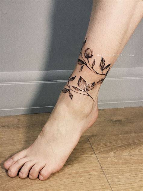 Flower Tattoo On Leg Blackwork By Darina Kirillova Wrap Around Ankle