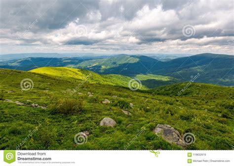 Grassy Meadow On Hillside On A Cloudy Day Stock Image Image Of Cloudy