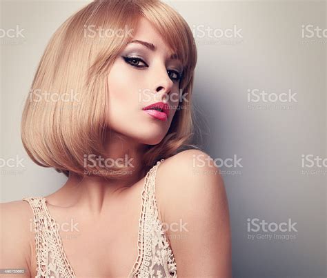 Beautiful Glamour Makeup Blond Woman With Short Hair Style Clos Stock