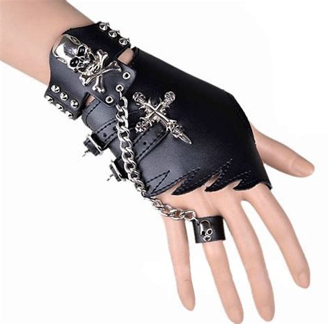 With Teeth Punk Design Handmade Gothic Leather Pair Fingerless Glove