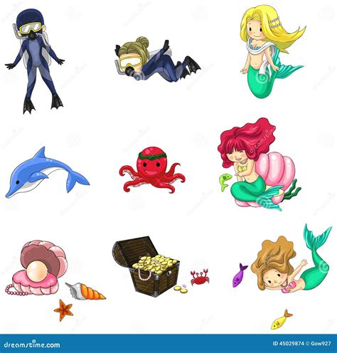 Underwater Cartoon Characters And Objects Collection Icon Set V Stock