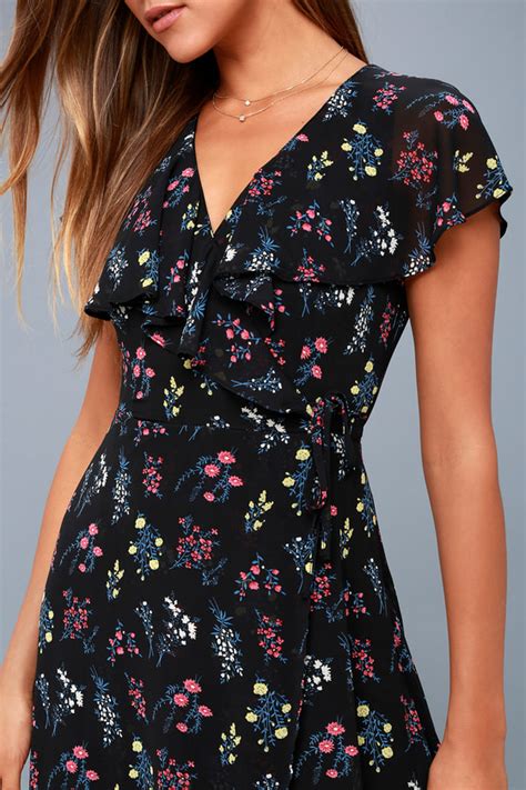 Lovely Black Floral Print Dress Midi Dress Wrap Dress