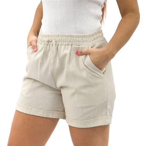 Shorts Feminino De Linho Básico Cós Alto Bolsos Cordão Verão