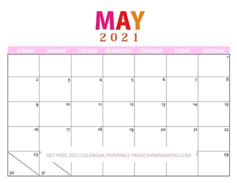 This may calendar printable is perfect to insert into a planner. FREE 2021 Printable Calendar PDF to Download Today!