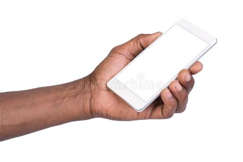 Man Holding White Mobile Smart Phone With Blank Screen Stock Photo