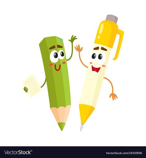 Cute Funny Smiling Pen And Pencil Characters Vector Image