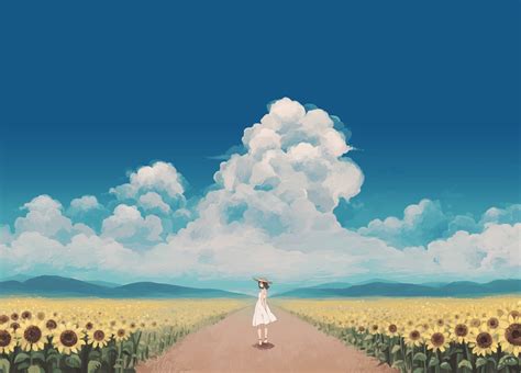 Wallpaper Sunlight Anime Girls Sky Field Clouds