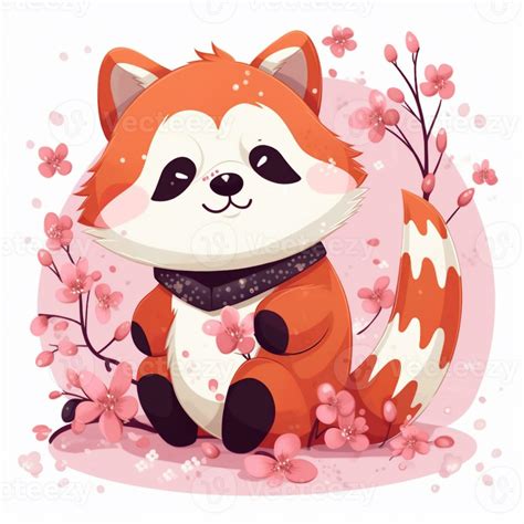 Cartoon Red Panda Sitting On The Ground With Cherry Blossoms