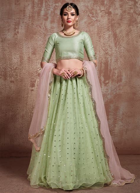 Buy Wedding Wear Pista Green Net Sequins Work Lehenga Choli Online From