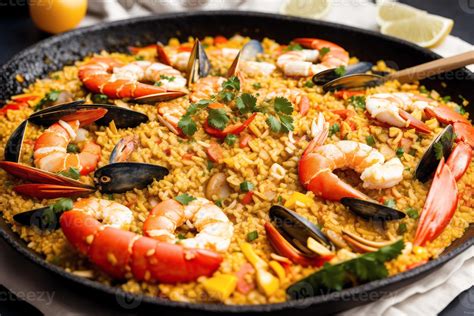 Paella Traditional Spanish Dish Made With Rice Chicken And Vegetables