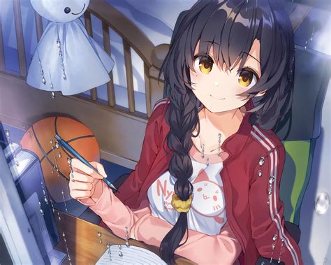 Download 2150x1720 Cute Anime Girl Braid Studying Jacket Basketball