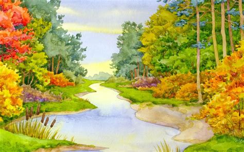 Autumn Creek Watercolor Hd Desktop Wallpaper Widescreen