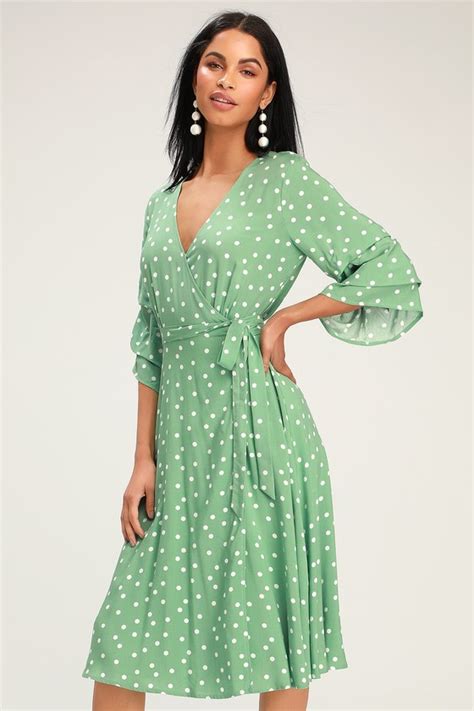 Chic Green Dress Green Polka Dot Dress Flounce Sleeve Dress Lulus