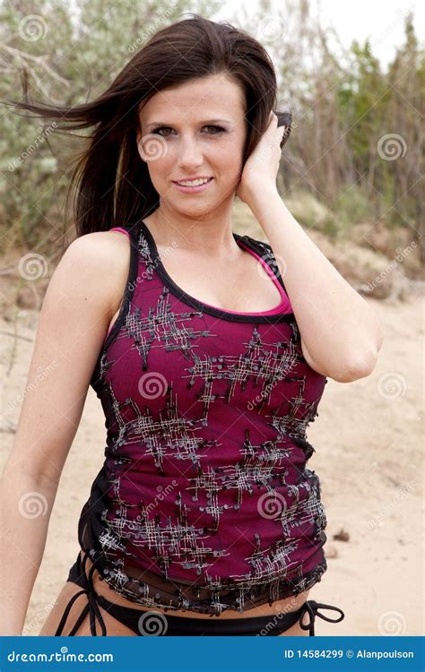 Woman Red Tank Top Hand In Hair Stock Image Image Of Bikini Brunette