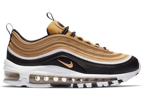 The am97's undulating design lines are enhanced with reflective striping for an unexpected pop in low lighting. Nike Air Max 97 Metallic Gold Black White (GS) - CZ9197-700