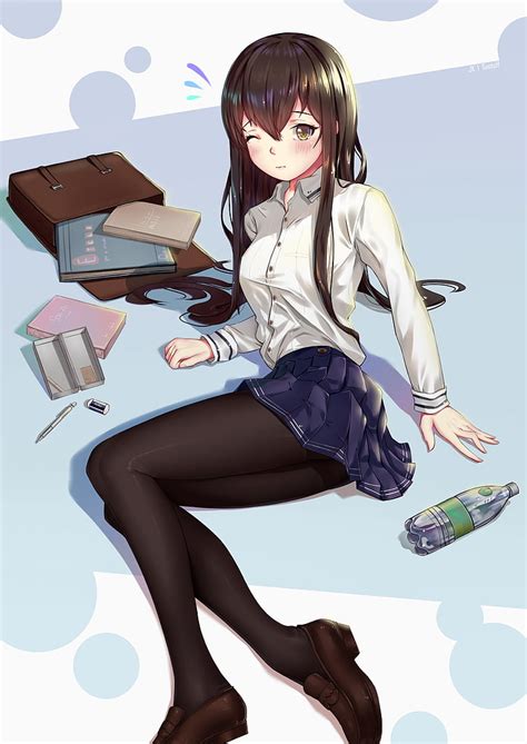 Hd Wallpaper Anime Anime Girls Stockings Skirt Long Hair Brunette