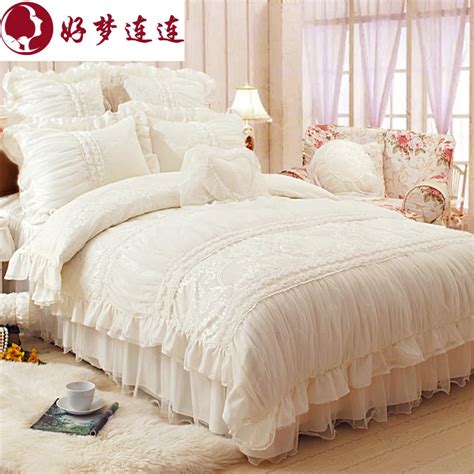 Korean Style White Satin Jacquard Bedding Set Ruffle Lace Duvet Cover Pillowcase Elegant