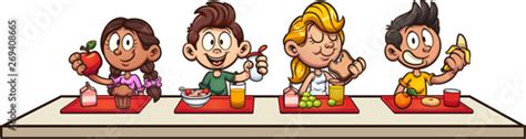 Cartoon kids eating breakfast at school clip art. Vector illustration