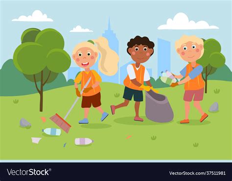 Little Kids Are Cleaning Up Park From Litter Vector Image