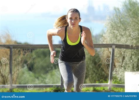 Front View Of Fast Runner Woman Running Towards You Stock Image Image
