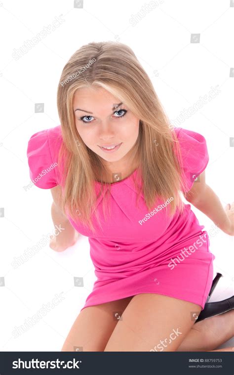 Portrait Attractive Smile Sexy Girl Pink Stock Photo