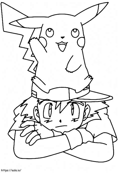 Pikachu Duduk Di Kepala Satoshi Gambar Mewarnai