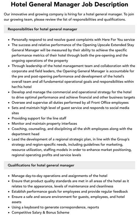 Hotel General Manager Job Description Velvet Jobs