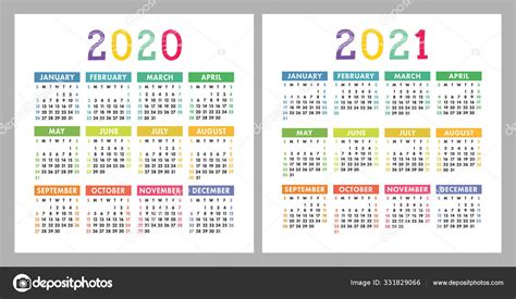 Calendario 2020 2021 Plantilla Diseño Calendario Vector Cuadrado Inglés Colorido Stock Vector By