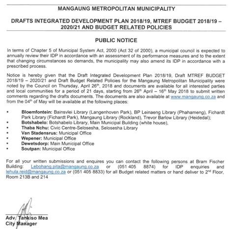 Public Notice Draft Integrated Development Plan 201819 Mtref Budget