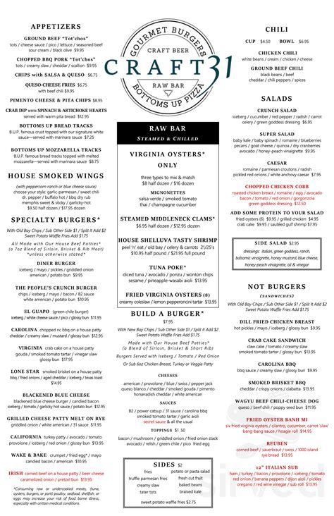 Craft 31 menus in Williamsburg, Virginia, United States
