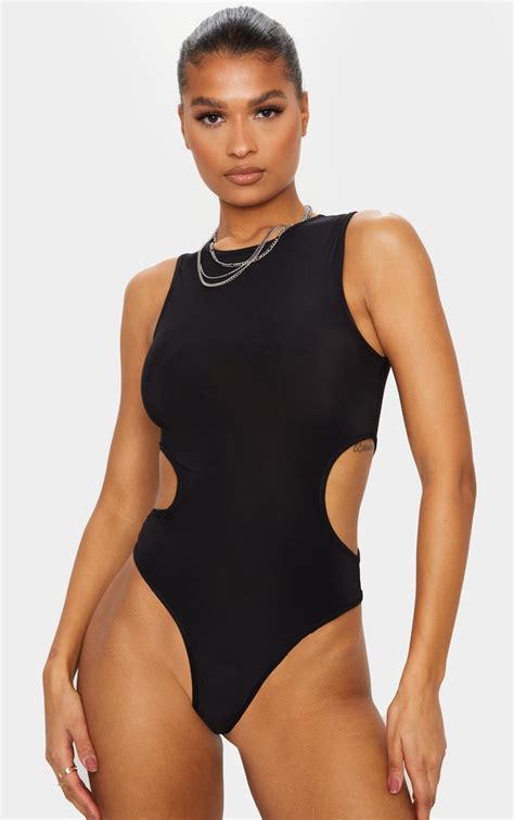 Black Slinky Side Cut Out Sleeveless Bodysuit Prettylittlething