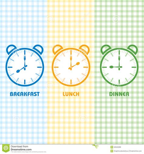 Peter's breakfast consisted of eggs, a cup of coffee, bread, orange juice. Breakfast Lunch And Dinner Time Stock Vector - Illustration of design, clock: 50522289