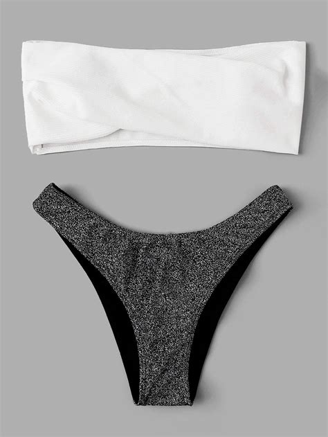 White Twist Front Bandeau Swimsuit With Glitter High Leg Bikini Bottom