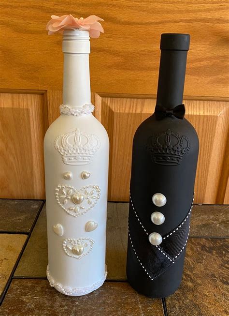 Bride And Groom Upcycle Wine Bottle Decor Etsy Bottles Decoration Alcohol Bottle