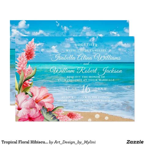 Tropical Floral Hibiscus Beach Wedding Invitation Beach
