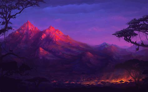 3840x2400 Forest Mountains Colorful Night Trees Fantasy Artwork 5k 4k