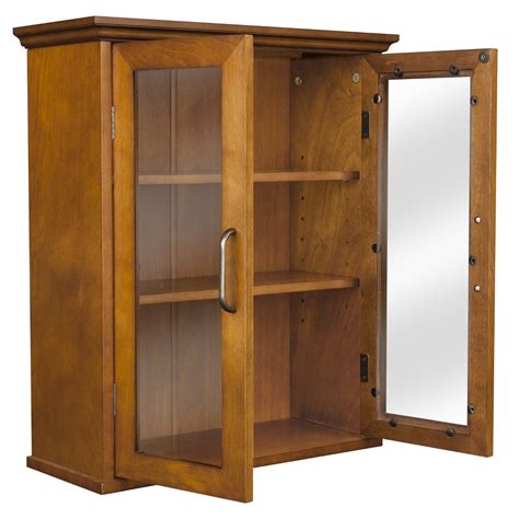 Oak Finish Bathroom Wall Cabinet With Glass 2 Doors And Shelves