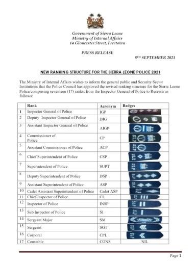 Sierra Leone Police Announces New Ranking Structure And Their Badges