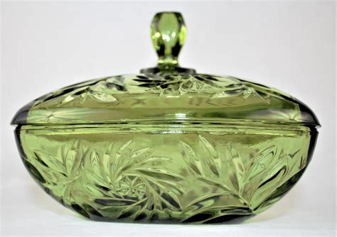 Vintage Glass Candy Dish With Lid Green Glass Candybowl Etsy