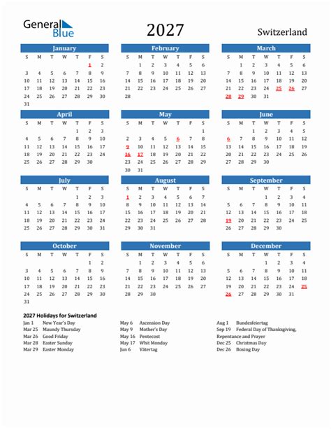 2027 Switzerland Calendar With Holidays