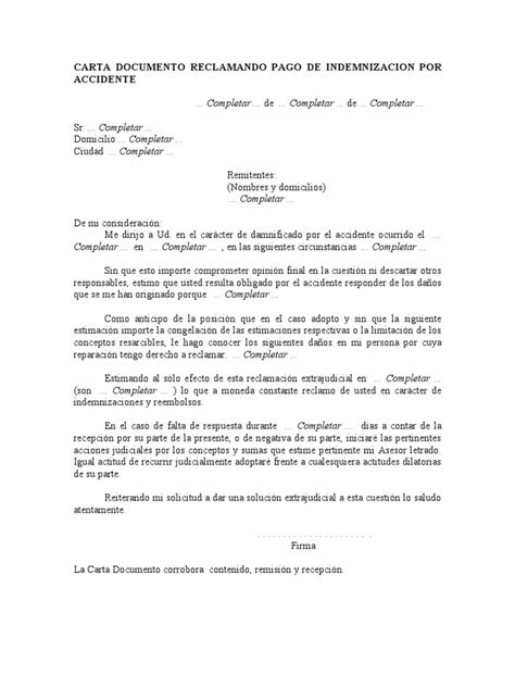 Carta Documento Reclamando Pago De Indemnizacion Por Accidente Pdf