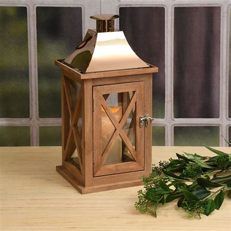 Natural Wooden Lantern With Copper Roof And Led Candle Brookstone