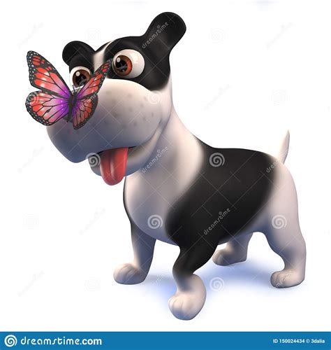 3d Black And White Puppy Dog Cartoon Character With A Butterfly On Its