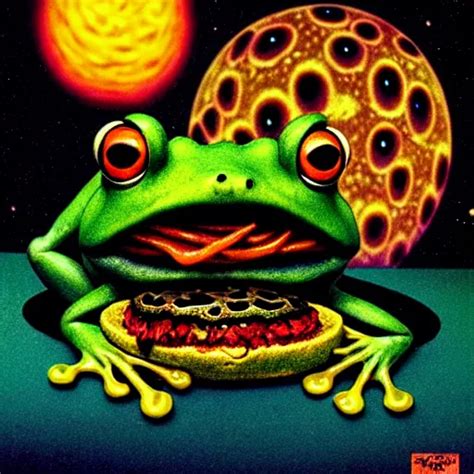Krea A Creepy Frog Eating Cheeseburger In Front Of Massive Black Hole