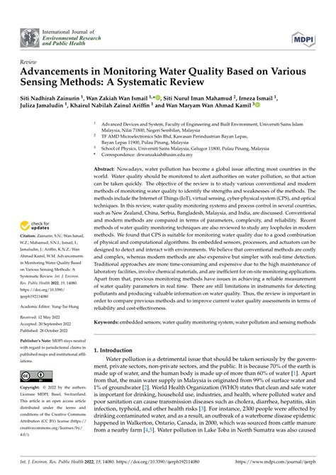 Pdf Advancements In Monitoring Water Quality Based On Various Sensing Methods A Systematic Review