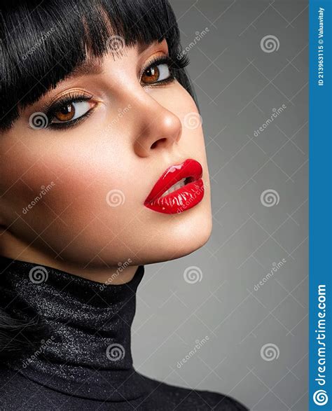Beautiful Brunette Girl With Red Lips And Black Bob Hairstyle Pretty